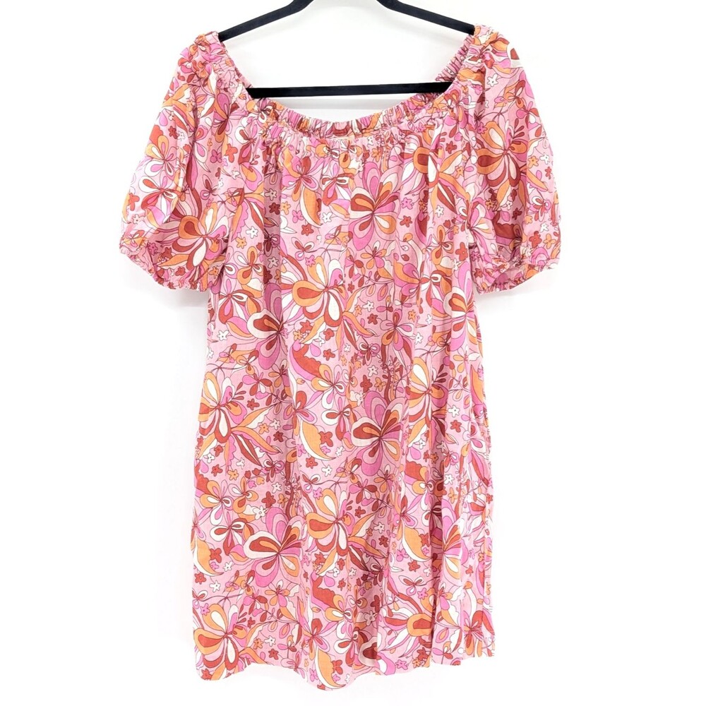 a.n.a  Mod Floral Pink Orange Linen Blend Puff Sleeve Flowy Mini Dress Size L